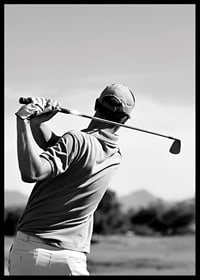 Black and white golfer swinging with club against bright sky-6