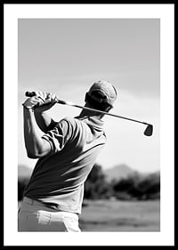 Black and white golfer swinging with club against bright sky-0