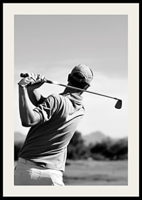 Black and white golfer swinging with club against bright sky-2