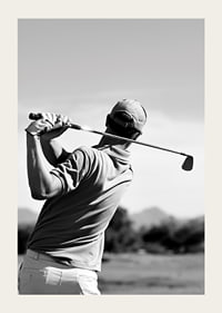 Black and white golfer swinging with club against bright sky-3