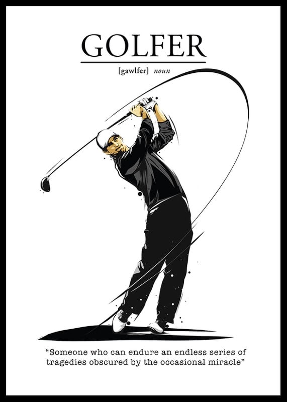 Illustrated golfer in black and white attire with swing-12