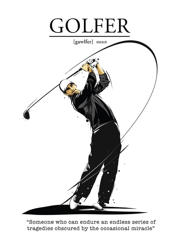 Illustrated golfer in black and white attire with swing-12