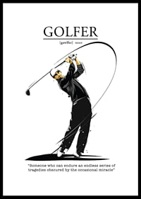 Illustrated golfer in black and white attire with swing-0