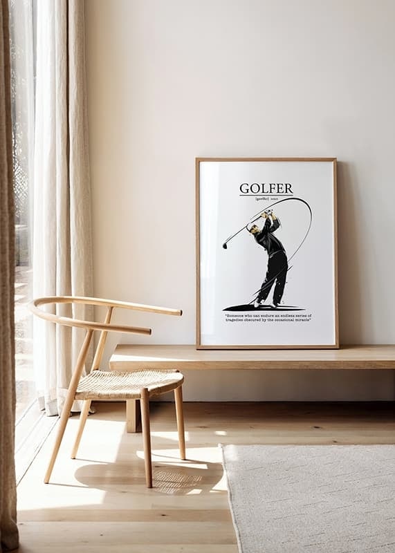 Illustrated golfer in black and white attire with swing-12
