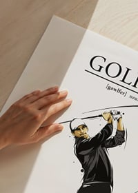 Illustrated golfer in black and white attire with swing-9
