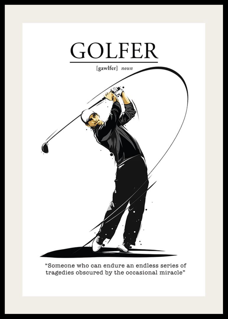 Illusztrált golfozó fekete-fehér öltözékben, lendítéssel-12