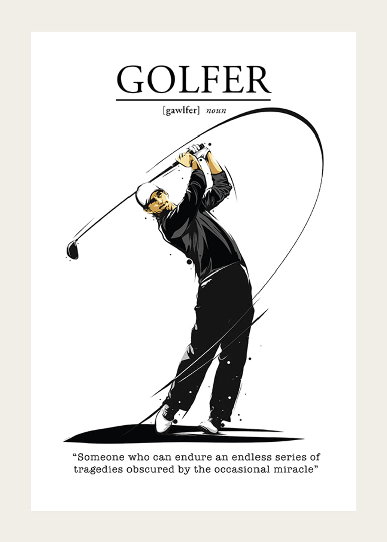Illustrated golfer in black and white attire with swing-12