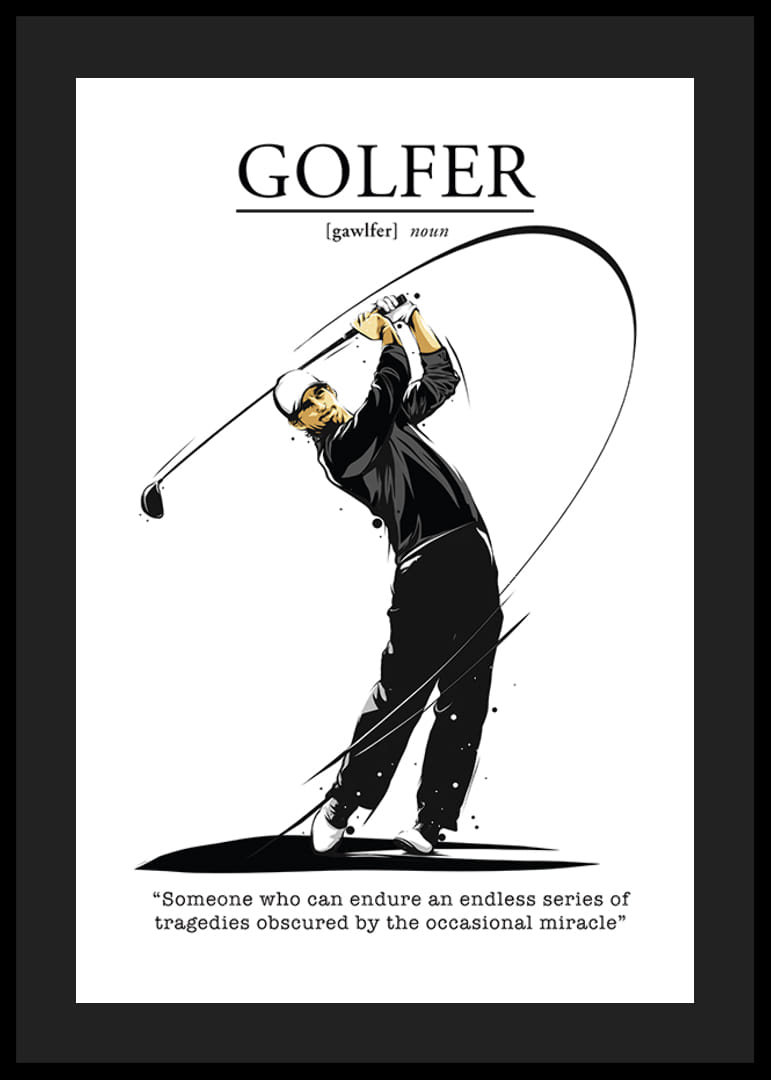 Illusztrált golfozó fekete-fehér öltözékben, lendítéssel-12