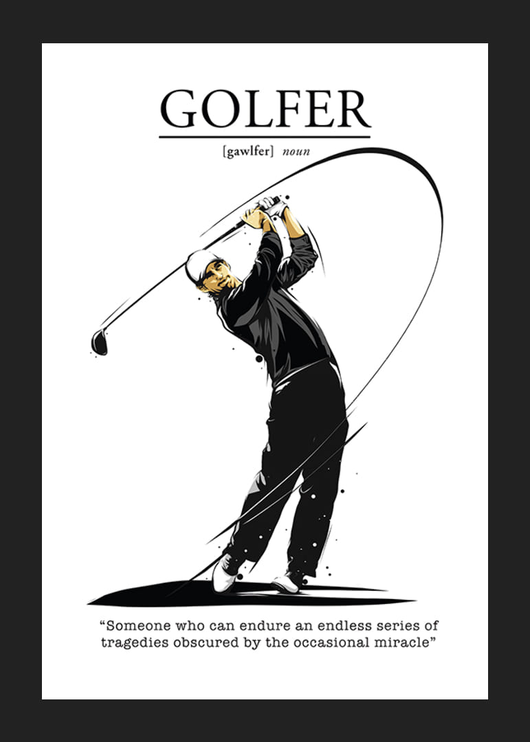 Illusztrált golfozó fekete-fehér öltözékben, lendítéssel-12