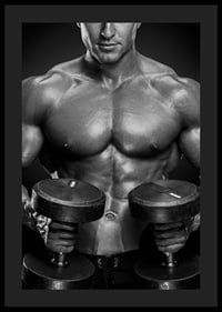 Black and white close-up of fit man with two dumbbells-0