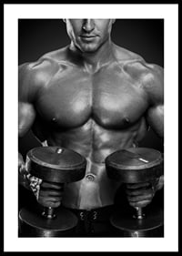 Black and white close-up of fit man with two dumbbells-2