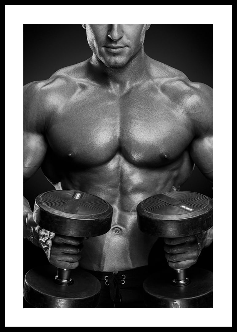 Black and white close-up of fit man with two dumbbells-12