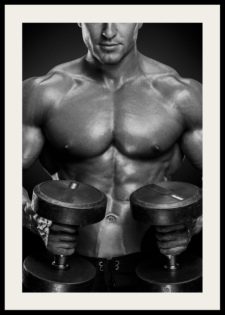 Black and white close-up of fit man with two dumbbells-12