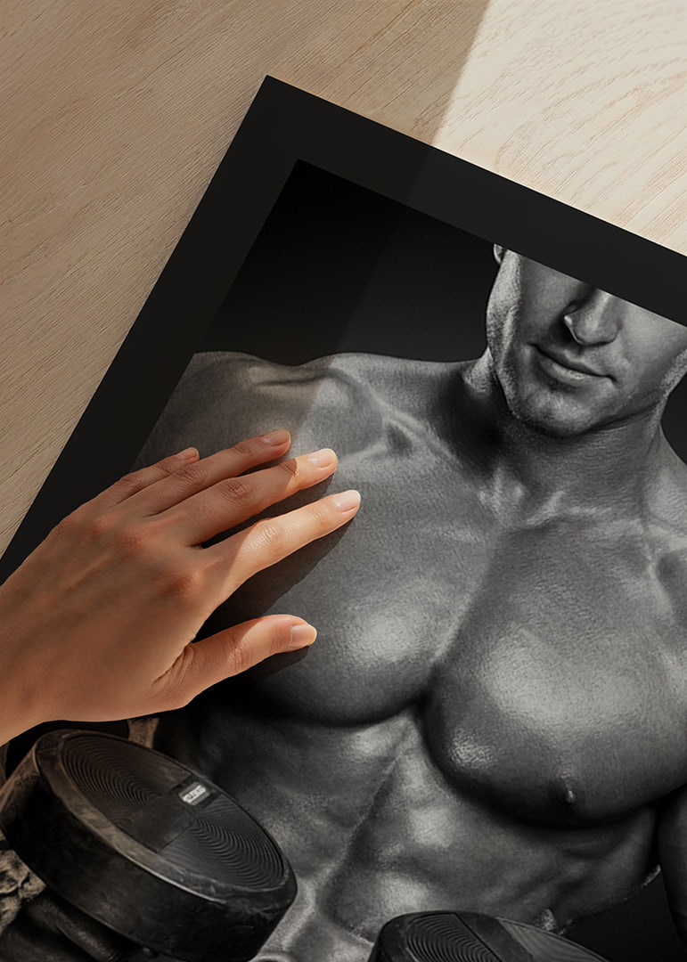 Black and white close-up of fit man with two dumbbells-12