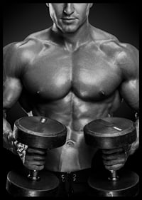 Black and white close-up of fit man with two dumbbells-6