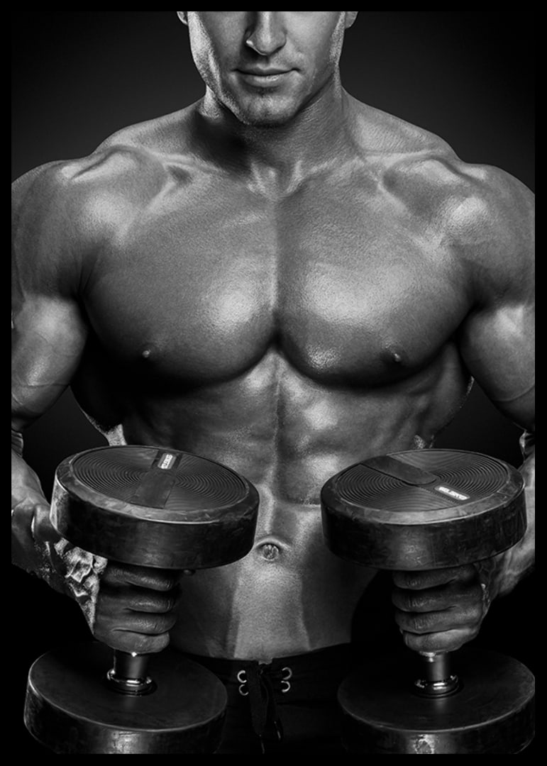 Black and white close-up of fit man with two dumbbells-12