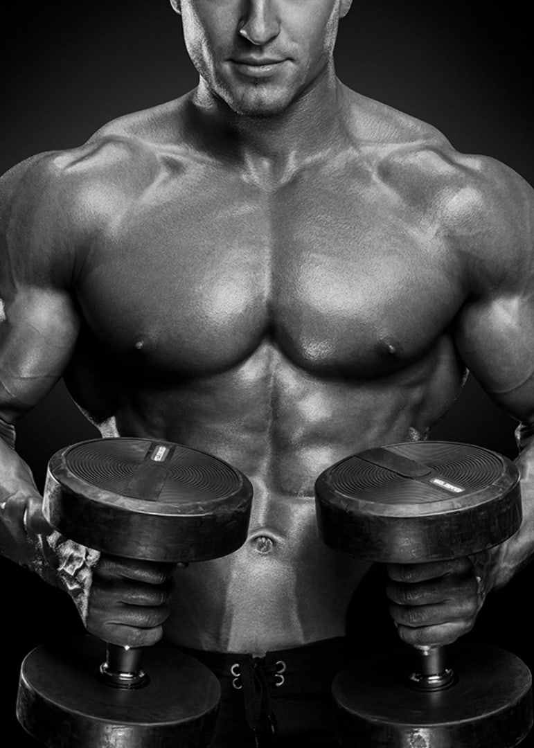 Black and white close-up of fit man with two dumbbells-12