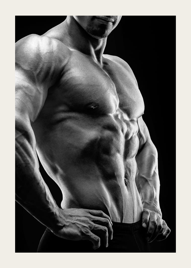 Primer plano en blanco y negro de un torso masculino musculoso de perfil-12