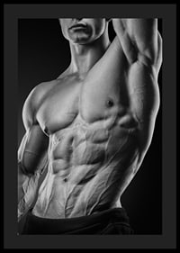 Black and white close-up of a man's muscular torso-0