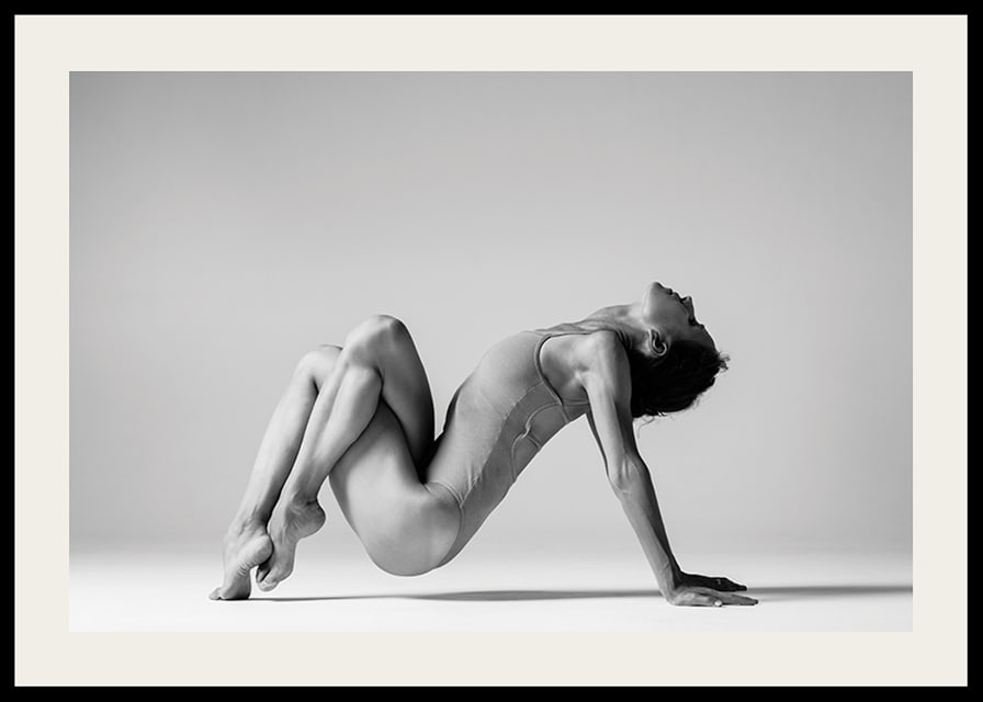 Black and white photo art of woman in yoga position against light background-12