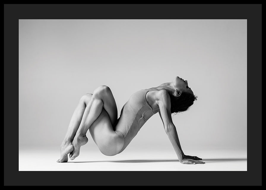 Black and white photo art of woman in yoga position against light background-12