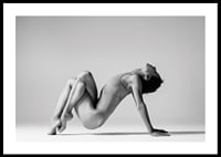 Black and white photo art of woman in yoga position against light background-0