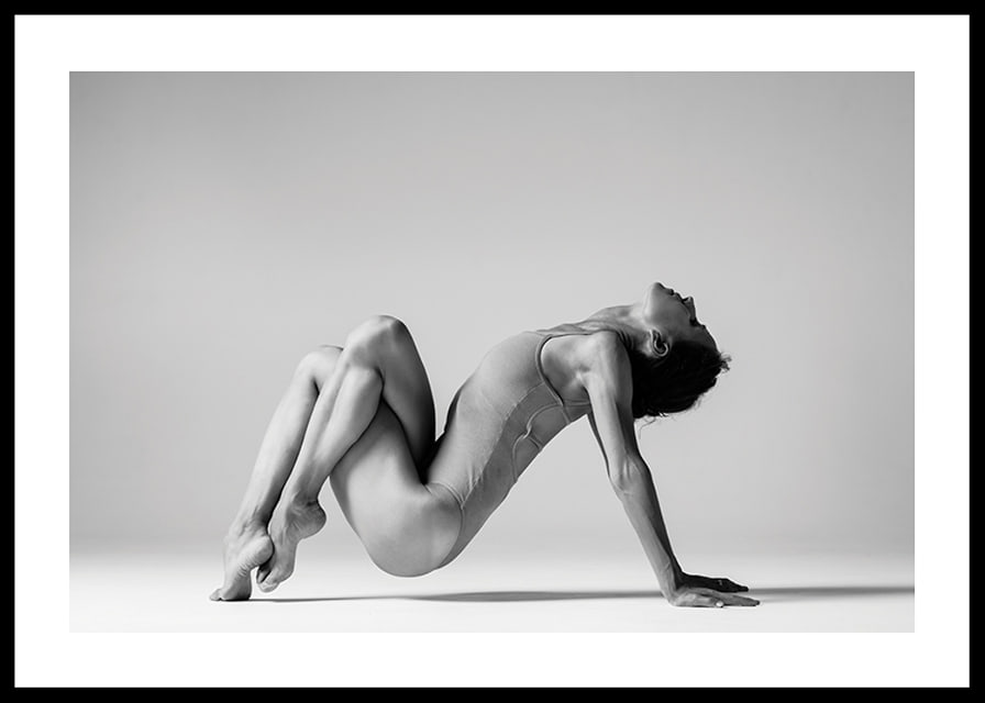 Black and white photo art of woman in yoga position against light background-12