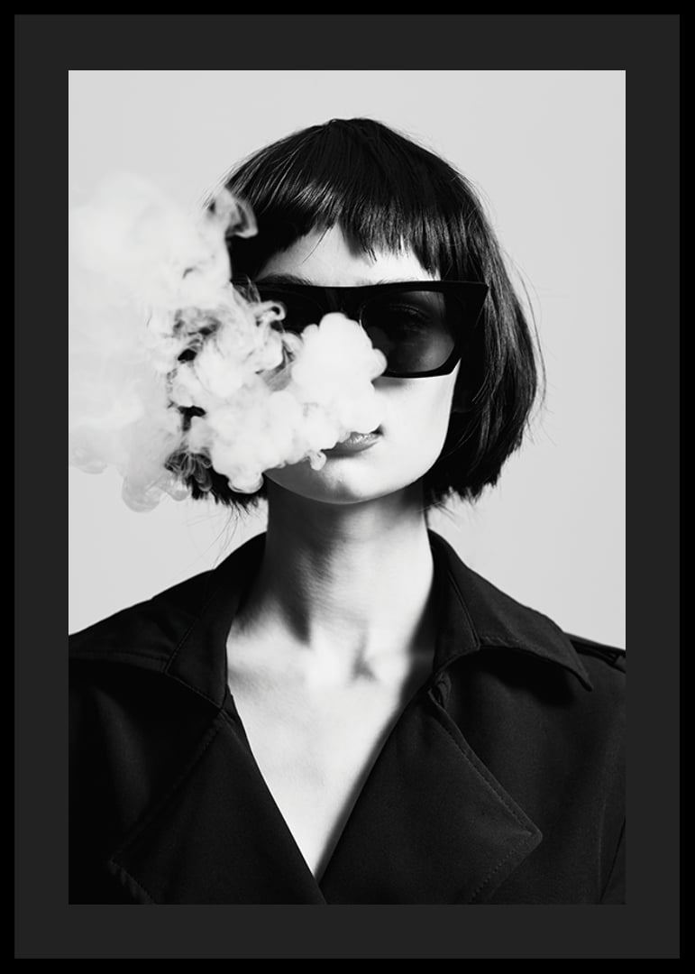 Black and white portrait of woman with sunglasses and smoke-12