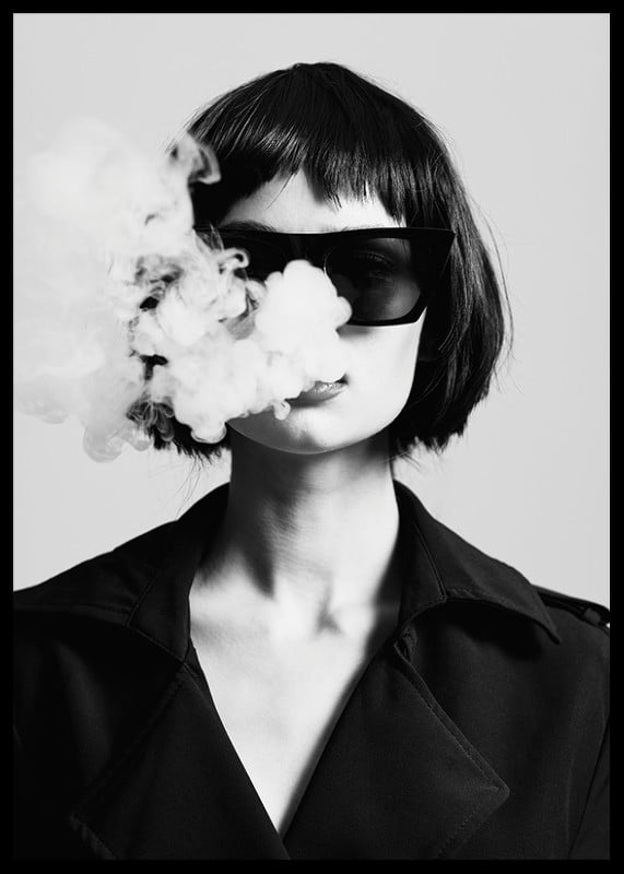 Black and white portrait of woman with sunglasses and smoke-12