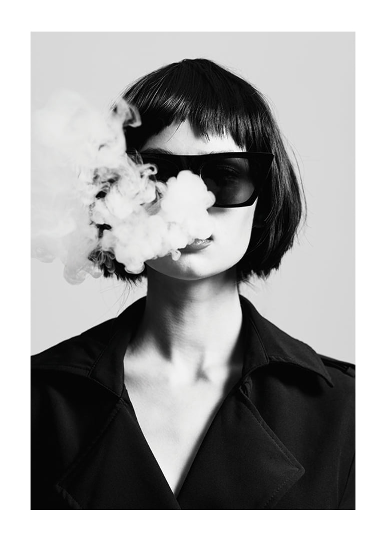 Black and white portrait of woman with sunglasses and smoke-12