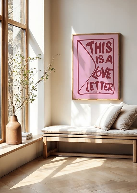 Graphic text illustration with the words 'This is a love letter' in red tone on pink background-12