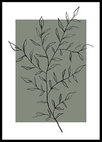 Line drawing twig with leaves against a muted green background-0