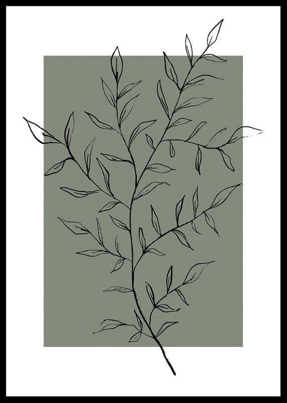 Line drawing twig with leaves against a muted green background-12
