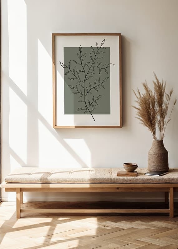 Line drawing twig with leaves against a muted green background-12