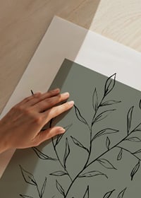 Line drawing twig with leaves against a muted green background-3