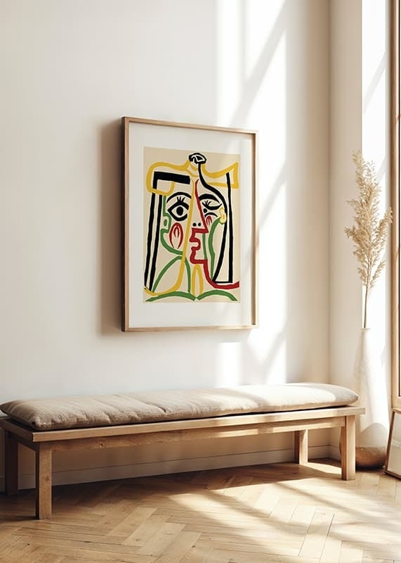 Abstract portrait with black, yellow, green and red lines in cubist style-12
