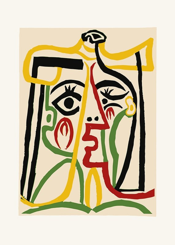 Abstract portrait with black, yellow, green and red lines in cubist style-12