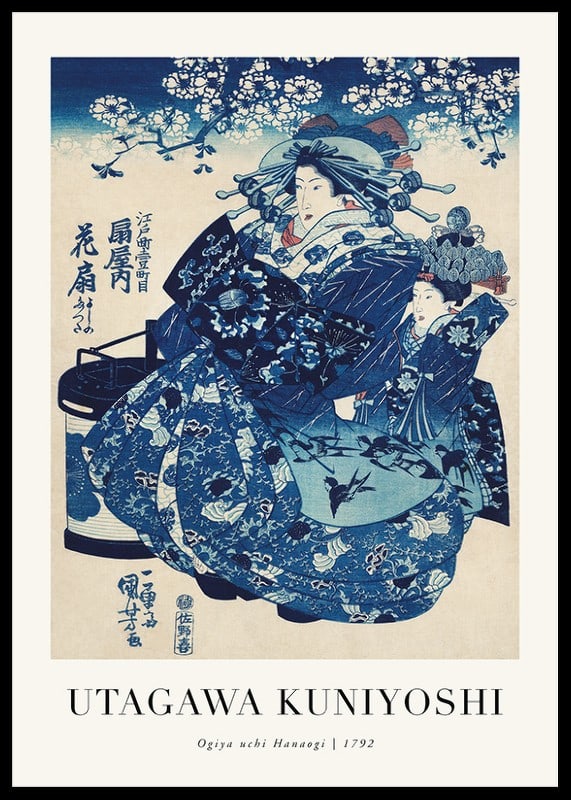 Japanese woodblock illustration of two women in blue kimono by Utagawa Kuniyoshi-12