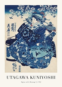 Japanese woodblock illustration of two women in blue kimono by Utagawa Kuniyoshi-1