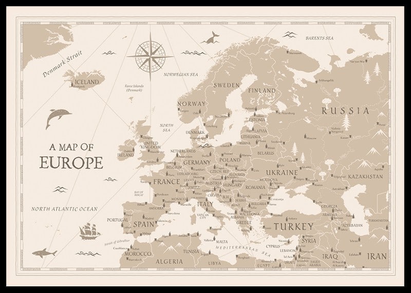 Graphic map of the countries of Europe in beige and white-12