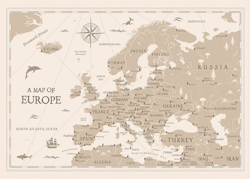 Graphic map of the countries of Europe in beige and white-12