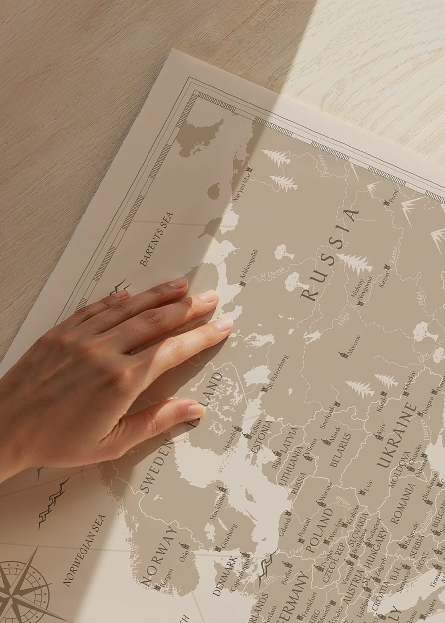 Graphic map of the countries of Europe in beige and white-12