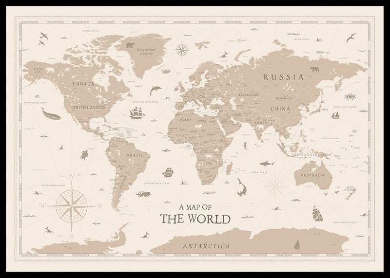 Stylish world map in beige tones with animals and symbols-12