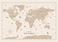 Stylish world map in beige tones with animals and symbols-1