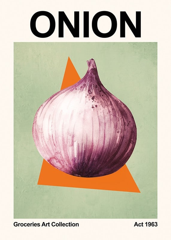 Illustrated red onion with purple hues against a green background-12