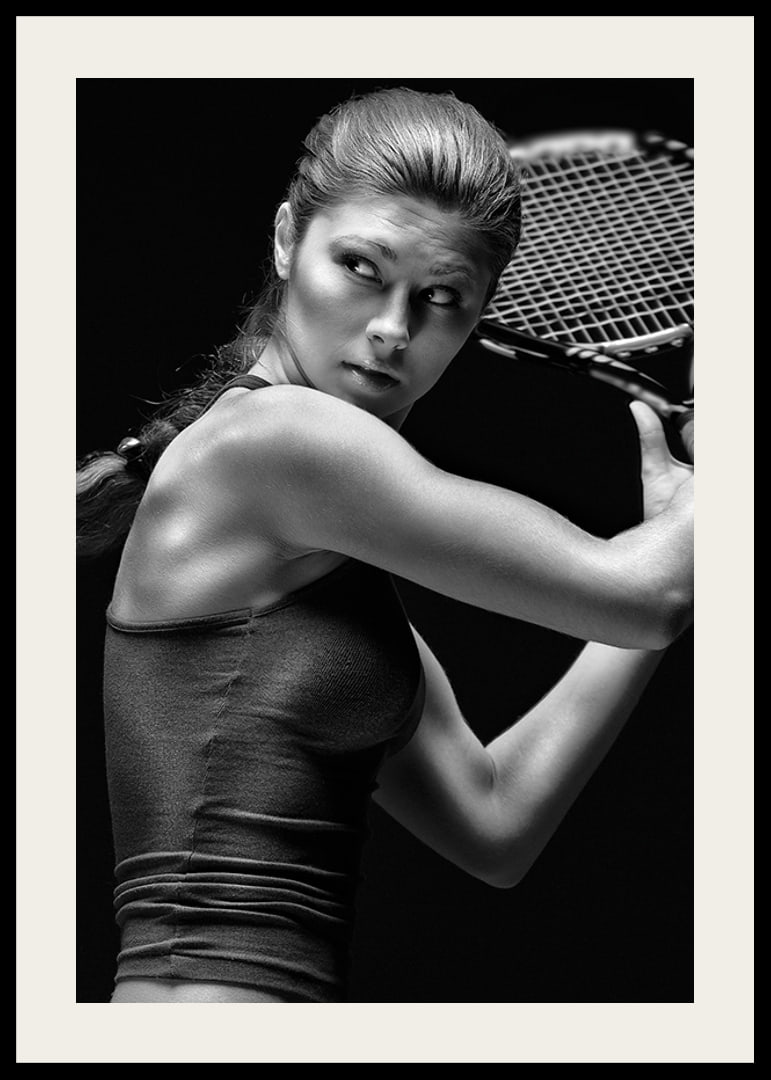 Black and white portrait of female tennis player in action-12