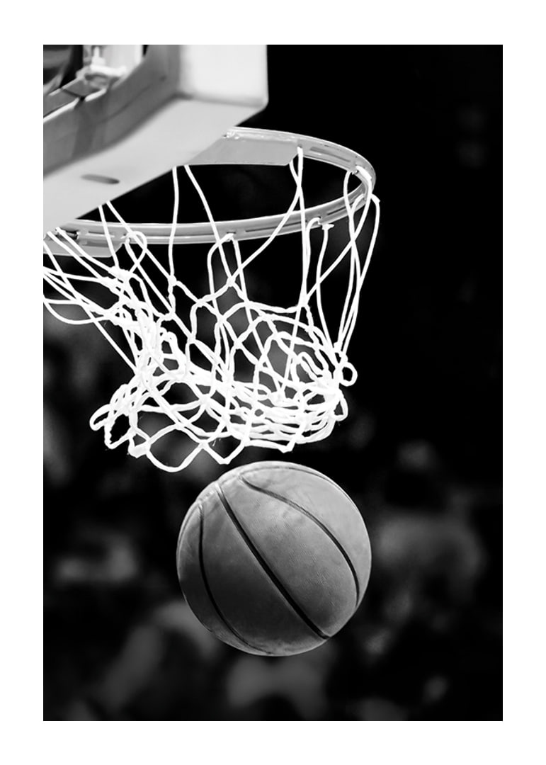 Black and white close-up of basketball going through basket-12