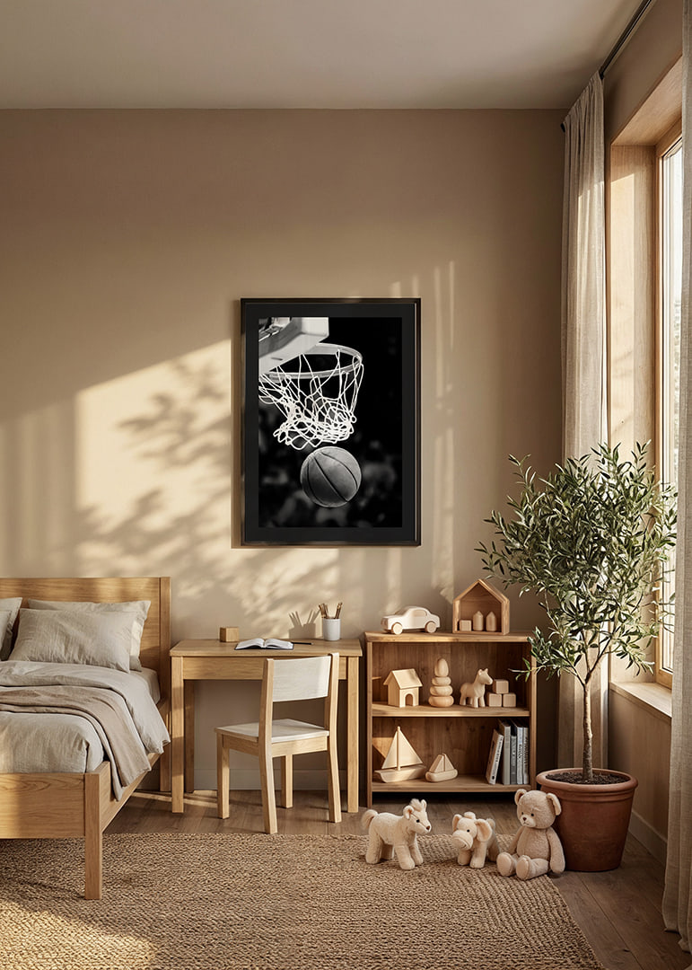 Black and white close-up of basketball going through basket-12