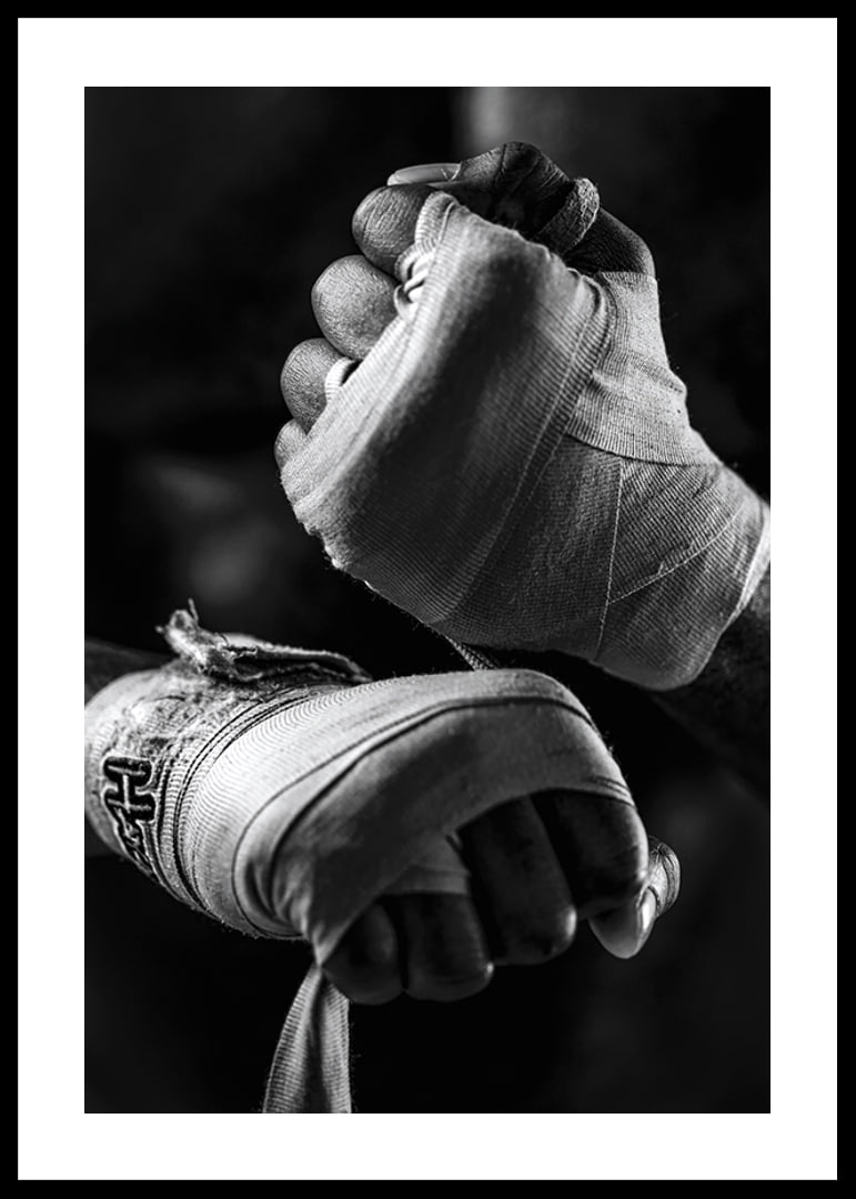 Black and white close-up of hands tied with boxing bandages-12