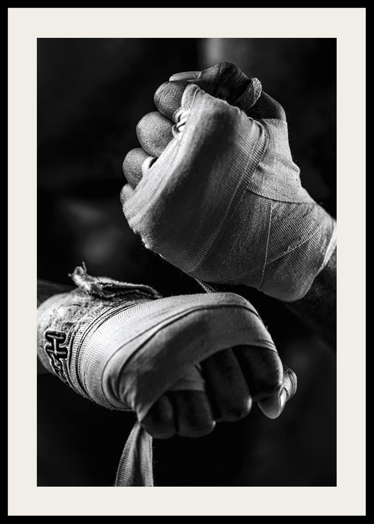 Black and white close-up of hands tied with boxing bandages-12
